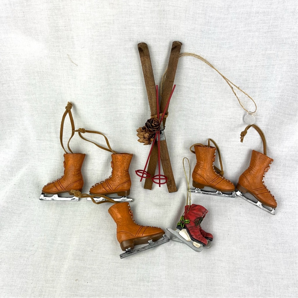 Ice skates wooden skis Christmas Ornaments Lot
